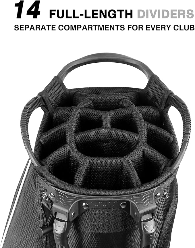 Golf Stand Bag 14 Way Top Dividers Full-Length with Stand, 8 Pockets, Cooler Pouch, Waterproof Golf Bag for Men, Dual Strap, Rain Hood