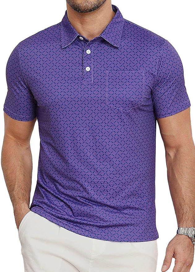 Lexiart Mens Golf Shirt Short Sleeve Dry Fit Print Moisture Wicking Performance Patterns Collared Polo Shirt with Pocket