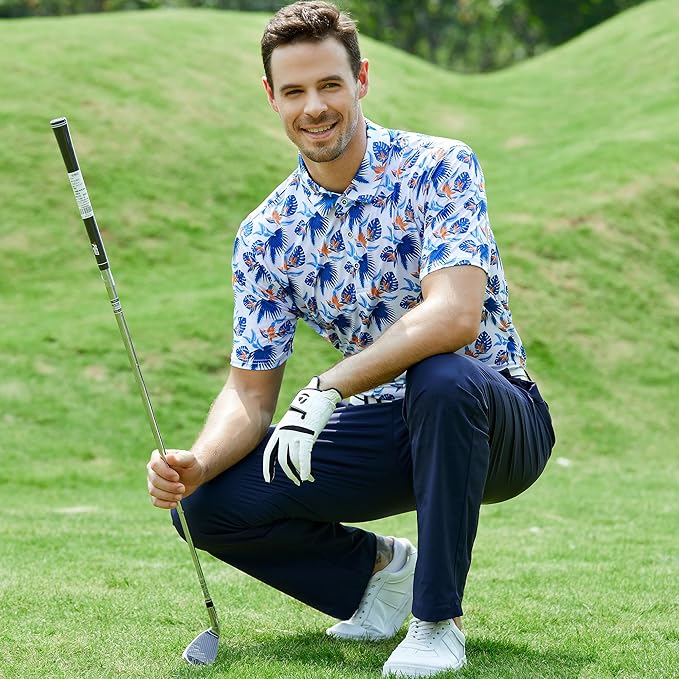 Esabel.C Golf Shirts for Men Dry Fit Performance Short Sleeve Print Moisture Wicking Collared Shirt
