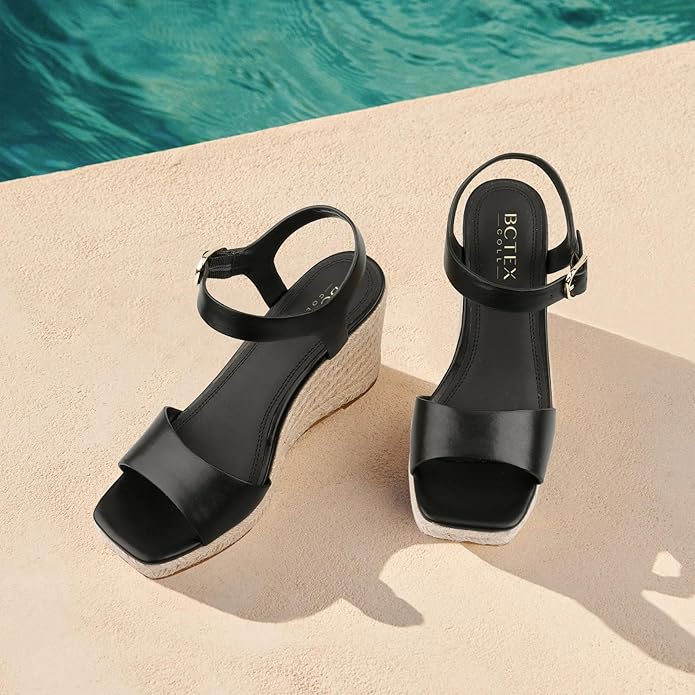 BCTEX COLL Women's Platform Wedge Espadrilles Sandals Comfortable Open Toe Ankle Strap Summer Casual Shoes Brown Black Nude