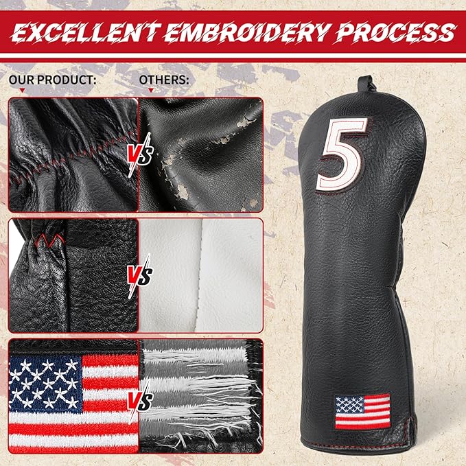 Golf Head Covers, American Flag Patriotism Golf Club Cover for Woods and Driver, Fairway, Hybrid - Premium Leather Golf Club Head Covers with Interchangeable Tags