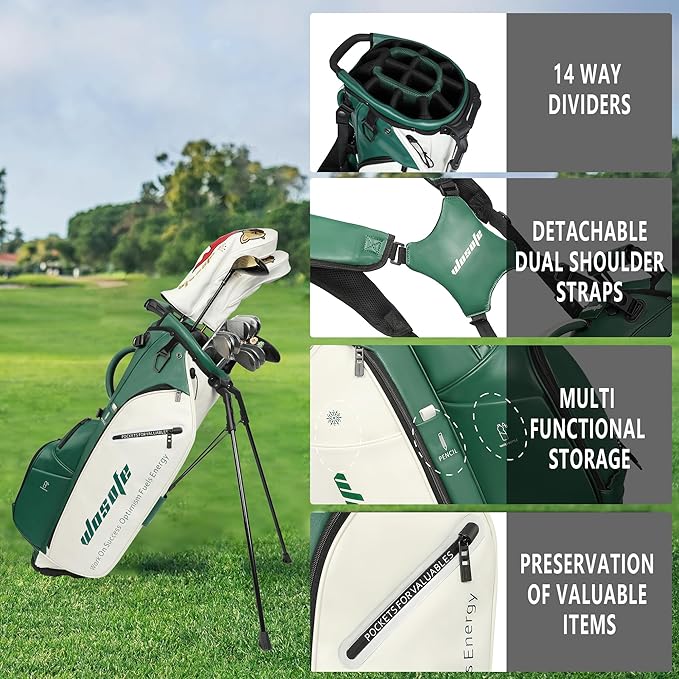 Lightweight 14-Way Golf Stand Bag, PU Leather Golf Bag Waterproof Men Women Full Length Top Dividers, Multiple 8 Pockets Cooler Pouch Adjustable Detachable Shoulder Dual Straps Rain Cover Hood