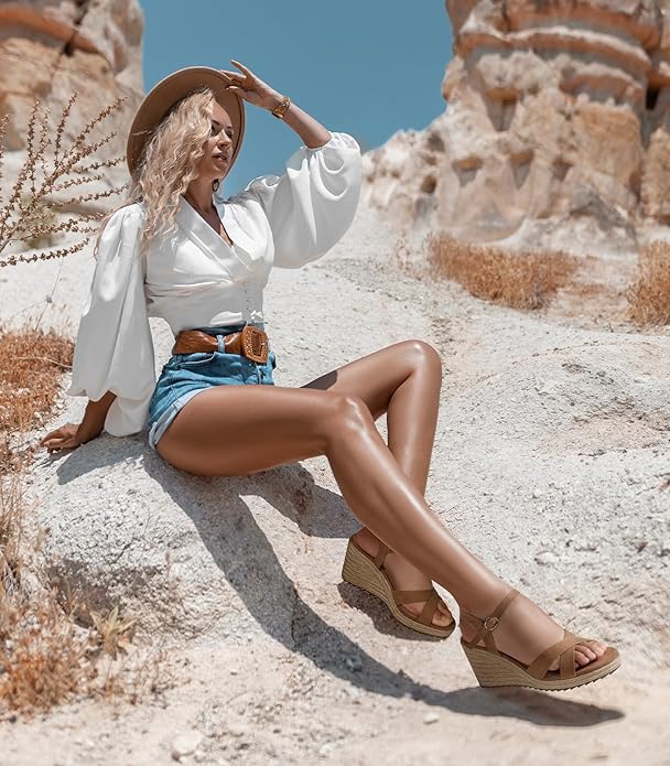 Ankis Wedge Sandals for Women, Espadrille Womens Wedge Sandals Comfortable Open Toe Cross Band Ankle Strap High Heel Wedges for Women Dressy Summer -3.4Inch