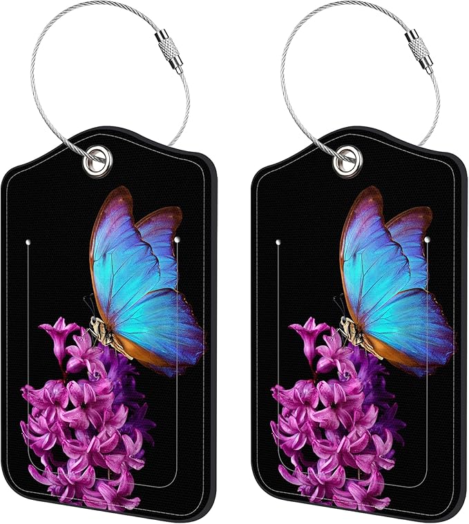 2 Pack Luggage Tags for Suitcase,Butterfly on a Flower PU Leather Luggage Tags with Privacy Cover Name Address Labels and Steel Ring,Creative Travel Accessories for Men and Women