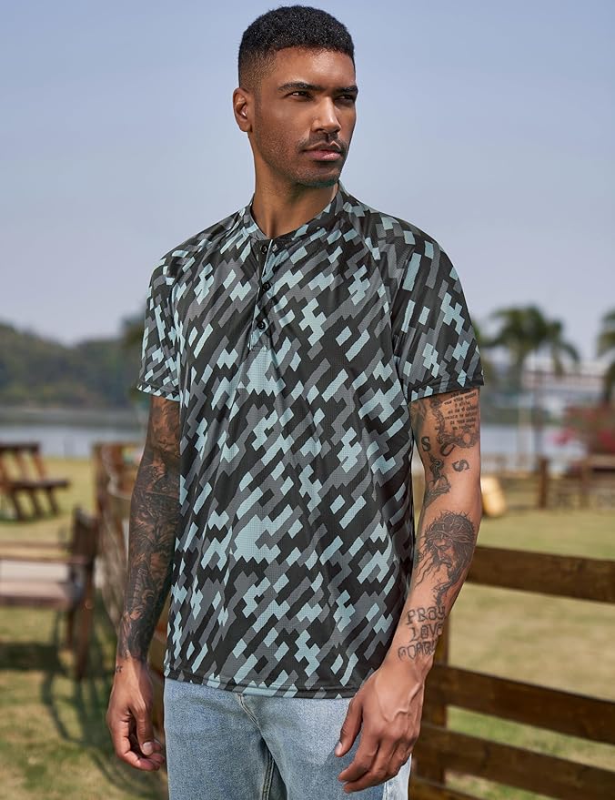TAPULCO Mens Collarless Golf Shirts Short Sleeve Dry Fit Stretch Casual Breathable Lightweight Tshirts