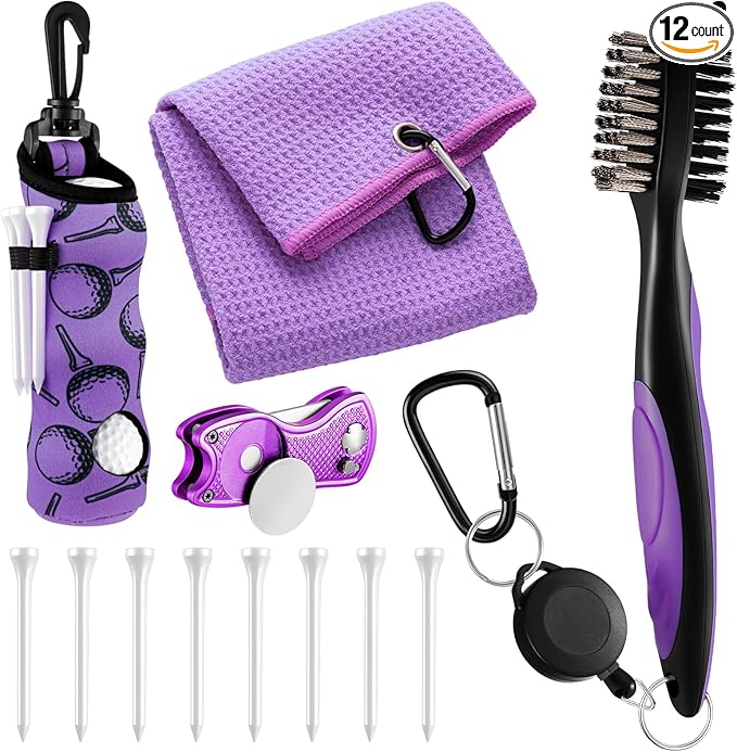 Liliful 12 Pcs Golf Accessories Kit, Include Golf Ball Bag with Hook Towel Tees Magnetic Ball Marker Divot Tool Cleaner Brush for Women Man Gifts