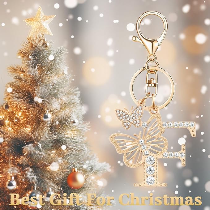 Gold Plated Alphabet Initial Letter Keyring Keychain for Women Girls Crystal Key Chains for Wallet Backpack Bag Charm