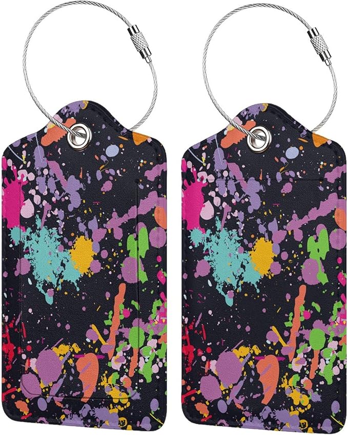 2 Pack Colorful Pop Art Luggage Tags for Suitcases, Cool Leather Luggage Tag for Travel, Bag Tag Privacy Name ID Card Bag Labels for Friends Adults Kids Tourists