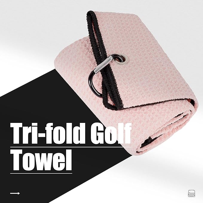 Mile High Life Microfiber Golf Towel, 21" X 24", Waffle Pattern w Clip, Super Absorbent Tri-fold Large Towels, Golf Bag Accessories for Men & Women（Pink）