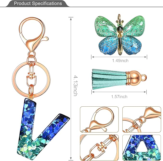 JINGUAZI Initial letter Keychains for Women Tassel Butterfly Pink Purple Cute Car Keychain for Wallet Backpack bag charm