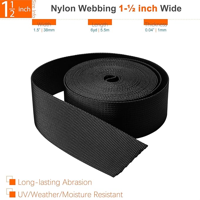 1-1/2 inch Straps Buckles Set: 6 yard Nylon Webbing Strap 1.5" Wide, 5 pack Side Release Plastic Buckle, 10 pcs Tri-glide Slide Clip, Heavy Duty Quick Snap Fasteners Dual Adjustable No Sew Required