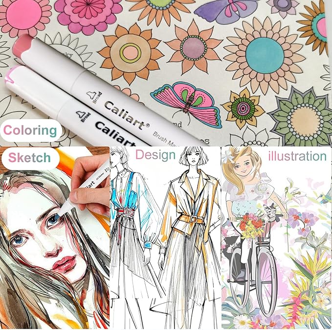 Caliart 61 Colors Pastel Alcohol Brush Markers, Art Marker Set Dual Tip Brush & Chisel, with Case Permanent Alcohol Based Colored Pens for Adults Coloring Book Artists Drawing Supplies Gifts