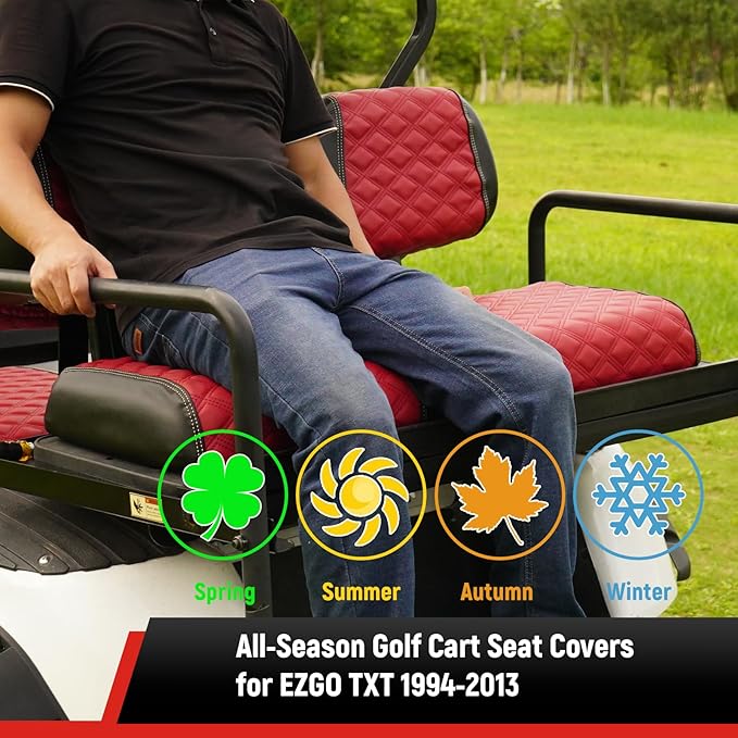 Golf Cart Seat Covers Front and Rear Waterproof and Sun Resistant Marine Grade Vinyl Leather Seat Cover Accessories for EZGO TXT 1994-2013, Deep Red(4PCS)