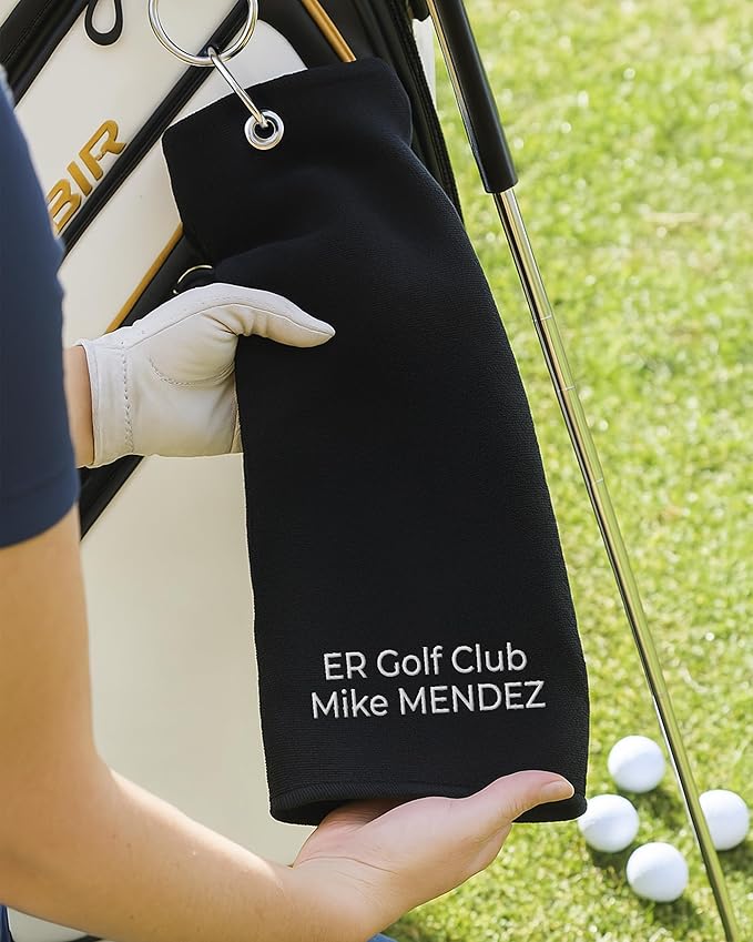 Custom Golf Towel for Golf Bags, Balls - Add Your Embroidered Name - Personalized Trifold Golf Bag Towels with Clip, for Men and Women