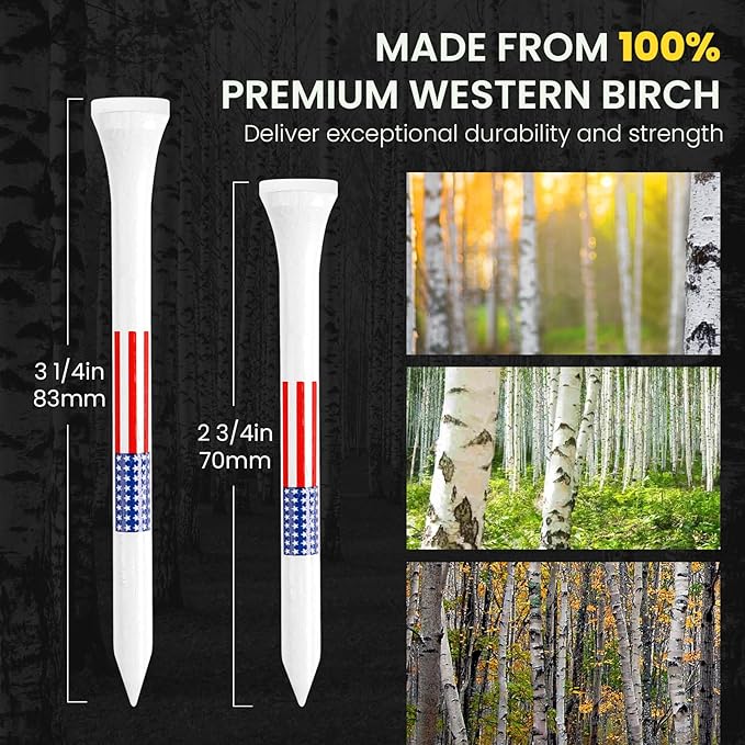 Amy Sport Golf Tees Western Birch Wood 5X More Durable 5X Stronger Value 50 Pack 1 1/2 2 3/4 3 1/4 Inch, Reduce Friction Wooden Long-Lasting, Spin Tall Sturdy Base for Stability