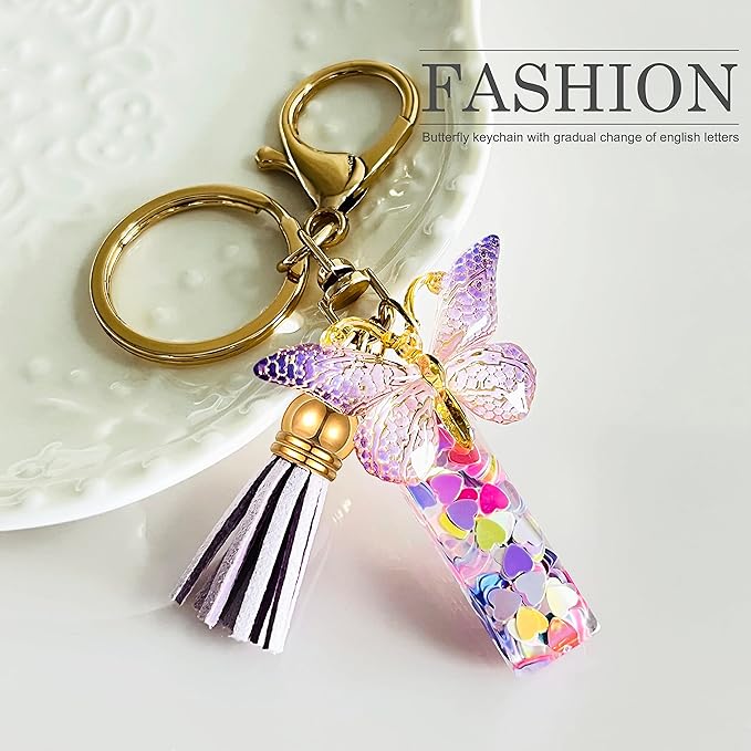 JINGUAZI Initial letter Keychains for Women Tassel Butterfly Pink Purple Cute Car Keychain for Wallet Backpack bag charm