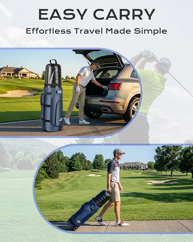 Golf Travel Bag with Hard Shell ABS Top - 1680D Heavy Duty Oxford Foldable Golf Club Travel Cover Case for Airlines with Wheels, Lockable Zippers & Reinforced Base