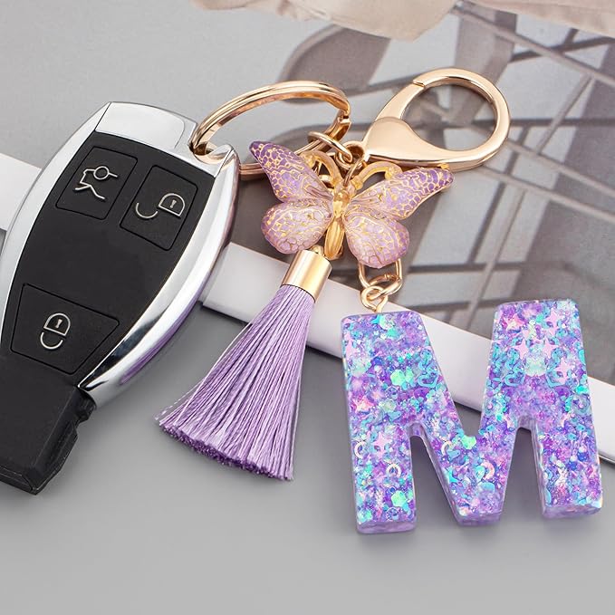 Suweibuke Colourful Cute Initial Letter Keychains for Women Girls with Tassel Butterfly, Charm for Purse Handbags Backpacks