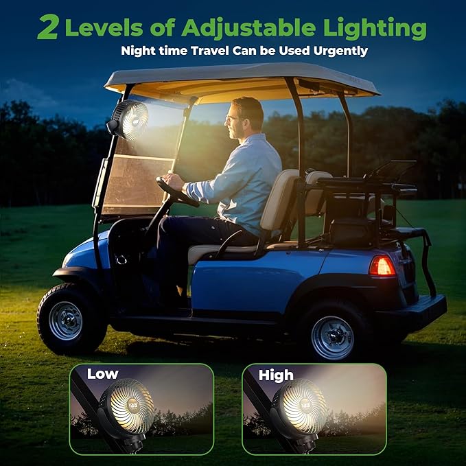 10L0L Golf Cart Fan with Magnetic Mount & 56Hrs Runtime - 8000mAh Battery, 3-Speed Cooling, Built-in LED Light, Power Bank Function - Stable ABS Design for All Golf Carts