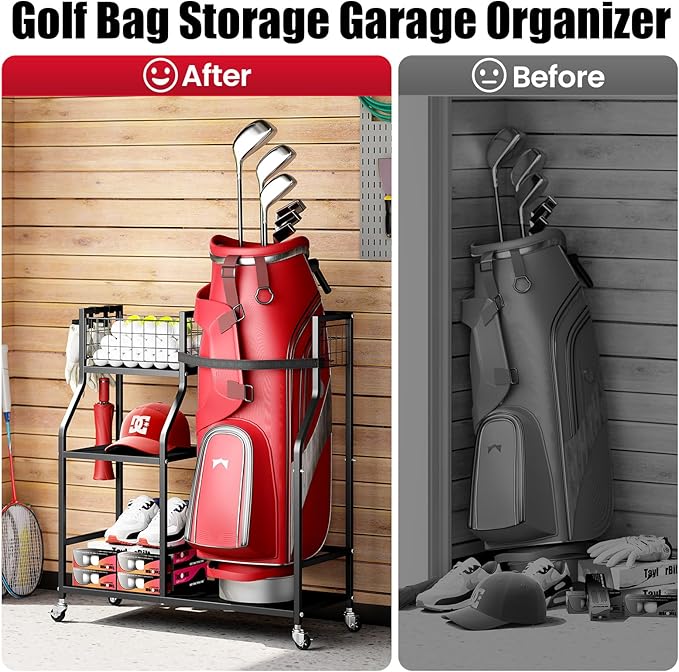 TOOLF Golf Bag Organizer, Golf Club Storage with Wheels, Sturdy Metal Golf Bag Holder Stand for Home, Garage, Outdoor, Includes 4 Storage Sections & Removable Hooks