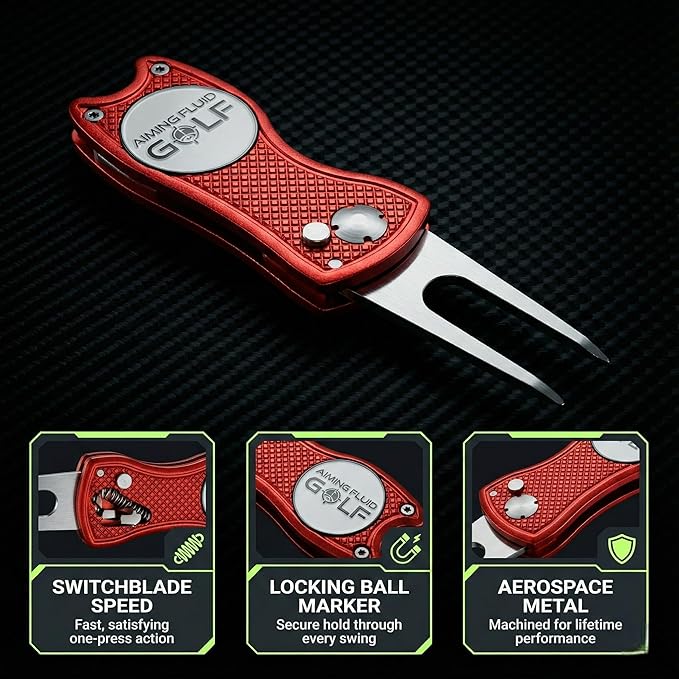 Golf Divot Repair Tool — 5-in-1 Golfing Ball Marker, Pitch Mark Repair, Putting Alignment, Club Tee, and Groove Cleaner, Accessory Metal Switchblade Design - Ideal Gift for Golfers