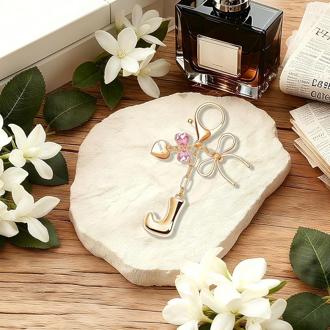 Gold Bubble Initial Keychain with Bow Decoration Bag Charms for Women, Cute Purse Handbag Accessories Gift