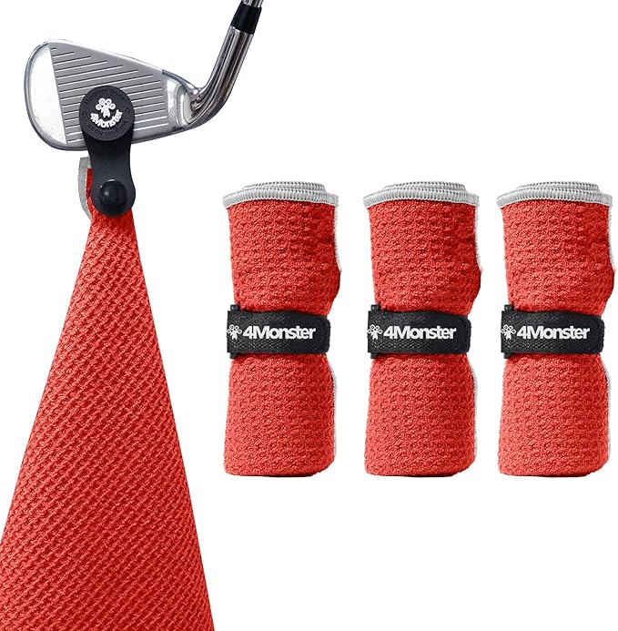 4Monster Golf Towels 3-Pack with Detachable Magnet and Portable Pouch, Quick-Dry Microfiber Golf Towel Set for Golf Bags,Custom Towel Gifts for Men or Women (3, Red)