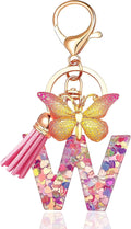 JINGUAZI Initial letter Keychains for Women Tassel Butterfly Pink Purple Cute Car Keychain for Wallet Backpack bag charm