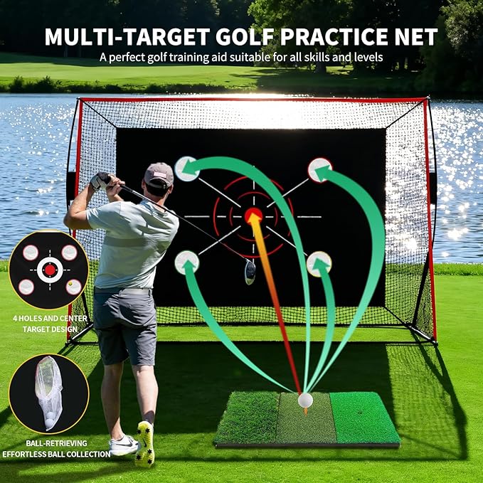Golf Net, 10x7FT with Golf Practice Mat, Hitting Aid Net with Multi Targets Training for Backyard Driving Chipping Indoor Outdoor Use, 5-Ply Anti-Tear Netting & Carry Bag, Gifts for Men Dad Him Golfer