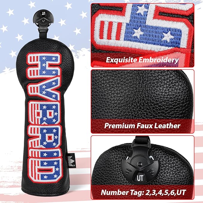 Craftsman Golf Headcover Set for Driver 3 5 Fairway Wood Hybrid Golf Club Head Cover, USA Flag Old Glory Design Golf Club Covers,Interchangeable Number Tag Offered