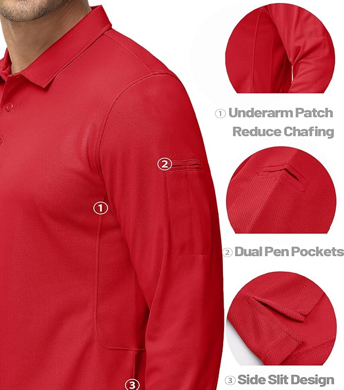 MAGCOMSEN Men's Polo Shirts 3 Button Quick Dry Performance Long Sleeve Tactical Shirts Pique Jersey Golf Shirt