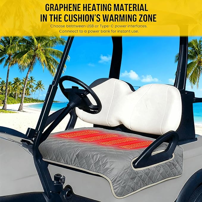 Heated Golf cart seat Cover, 3 Heating Levels and 4 Heating Zones, All-Weather Waterproof Design, Non-Slip Universal fit, USB/Type-C Power Supply, Ideal Golf Gift for Men