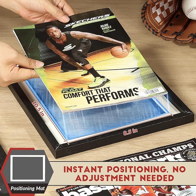 JupDec Sports Magazine Frame, Premium Wood Display Case for 8" x 10.5" Magazines, Wall Mount or Tabletop Stand, Layered Design with Positioning Mat, Perfect for Sports, Fashion & Home Decor, White