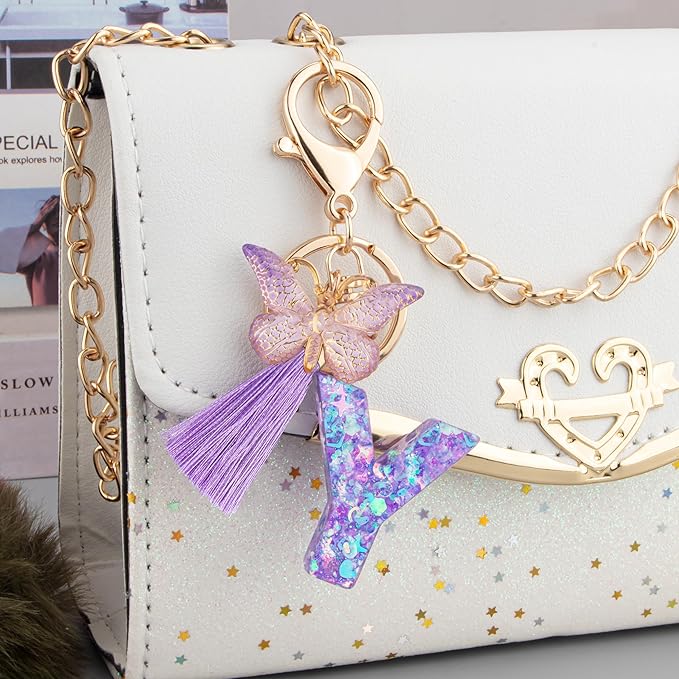 Suweibuke Colourful Cute Initial Letter Keychains for Women Girls with Tassel Butterfly, Charm for Purse Handbags Backpacks