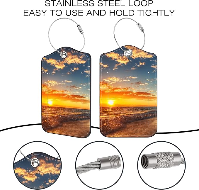 2 Pack Luggage Tags for Suitcase,Sunrise on a Island PU Leather Luggage Tags with Privacy Cover Name Address Labels and Steel Ring,Creative Travel Accessories for Men and Women