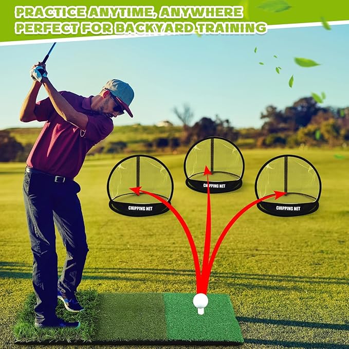 Soulchen Golf Chipping Net 3 Pop Up Chipping Target Practice Golf Net with Tri-Turf Hitting Mat, Balls, Tee Holder, Portable Kit Gifts All-in-One Training Kit for Indoor Outdoor Practice