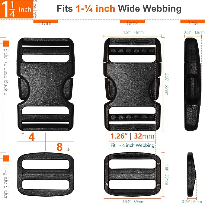 Nylon Straps 1-1/4 inch Wide with Buckles and Slides: 6 Yard of 1.25" Webbing, 4 Pack Side Release Buckle, 8 pcs Tri-Glide Slider, Heavy Duty Plastic Clip Quick Fastener Replacement Dual Adjustable