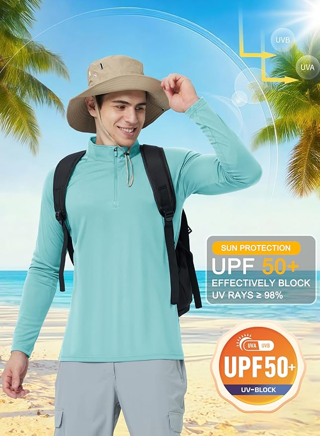 CRYSULLY Men's Long Sleeve 1/4 Zip Shirts Sun Protection Pullover UPF 50+ Rash Guard Running Lightweight T Shirt