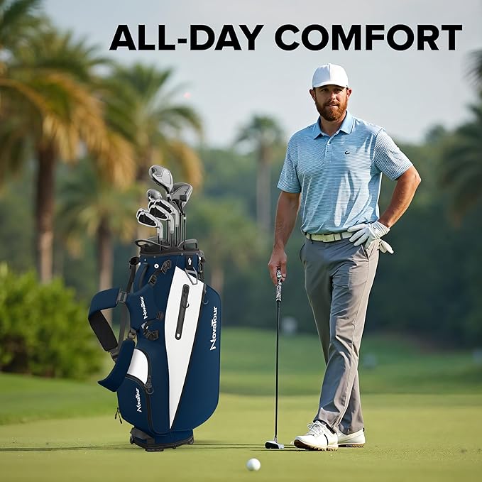 Golf Stand Bag - Lightweight Golf Bag with Stand and 7 Way Dividers, Dual Strap, Waterproof Pocket, Insulated Sleeve, Easy-Lift Handles and Swing-Cam Holder