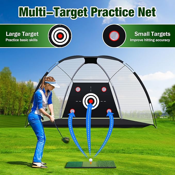 MoKo Golf Net with Practice Mat, 10 x 7 ft Golf Hitting Net for Outdoor Indoor Backyard Driving Chipping Swing Training, All-in-One Multi-Target Practice Nets, Gifts for Men Dad Him and Golfer