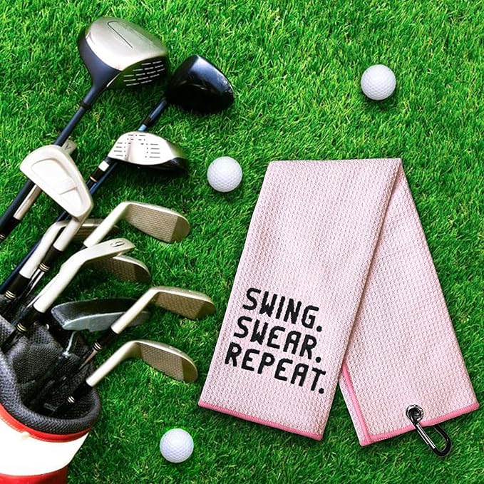 DYJYBMY Swing Swear Repeat Funny Pink Golf Towel with Clip, Fit for Men, Dad, Boyfriend, Birthday Gift for Golf Fan, Funny Golfer
