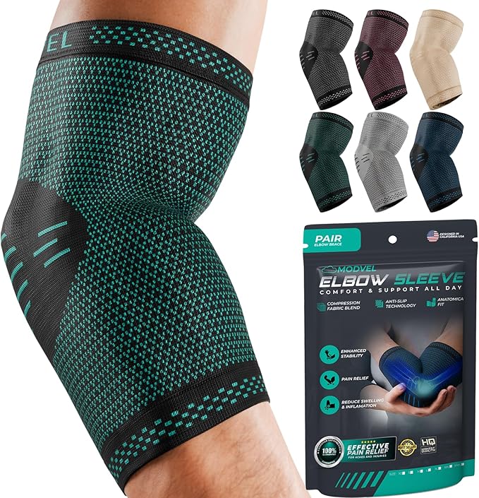 Modvel 2 Pack Elbow Brace - Golfer's Elbow Compression Sleeve Support for Joint Pain Relief, Recovery, Tendonitis Braces, Tennis Elbows Brace For Men & Women, Workout & Weightlifting Arm Wrap