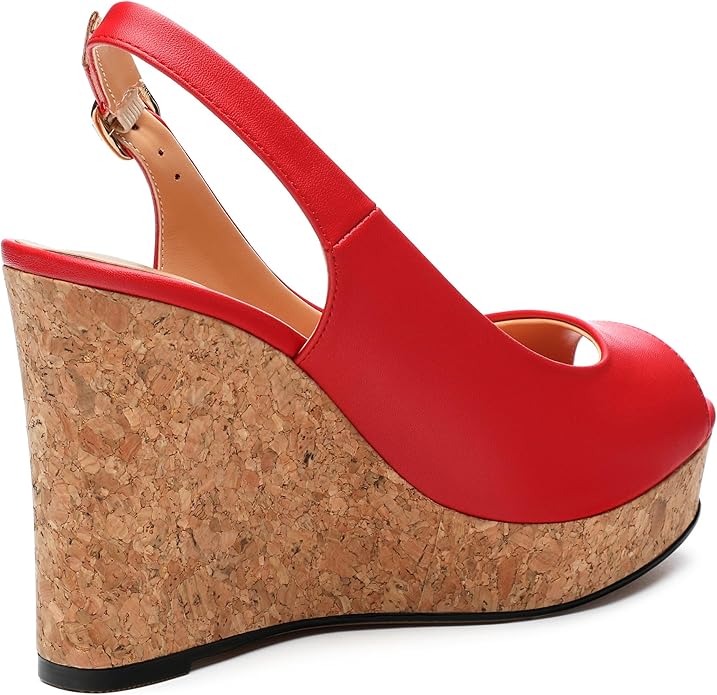 Womens Peep Toe Wedge Heels Matte Fashion Cork Slingback Pumps Platform Wedge Sandals 3.94 Inches