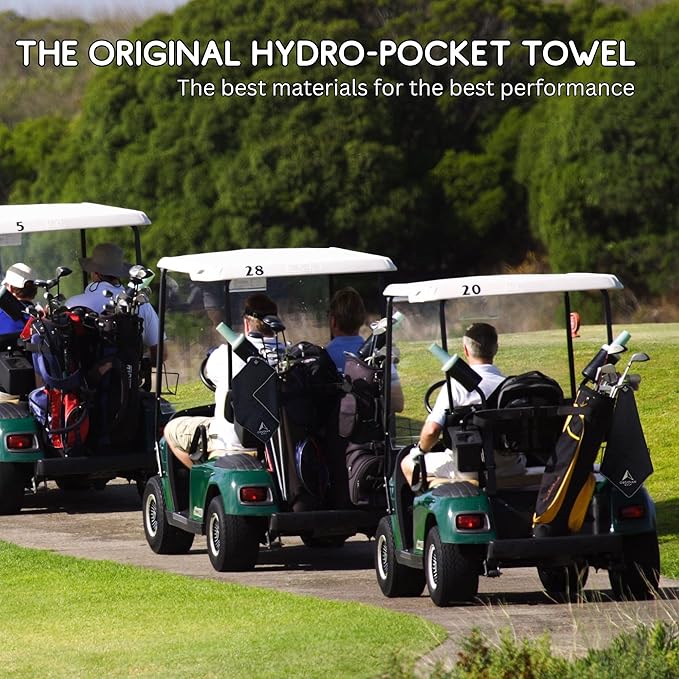 Golf Towel with Magnet & Hydro Pocket – Premium Full-Size Golf Towel HydroPouch Stays Wet for Cleaning Clubs, Easily Attaches to Clubs or Cart, Green-Side Ready (Black)