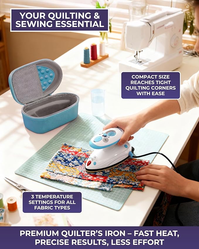 The Quilted Bear Mini Iron, Rest & Ironing Mat - Lightweight Mini Steam Iron with Hard Shell Travel Case, Rest & Ironing Mat - Travel Essentials for Wrinkle Free Clothes & Effortless Quilting (Blue)