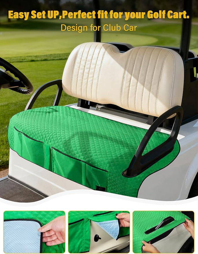 Golf Cart Seat Covers,Golf Cart Seat Towel Blanket with 4 Front Pockets & Nonskid Bottom Fits for EZGO, Yamaha, Club Car and More 2 Person Seats Golf Carts (Christmas Green, Club Car)