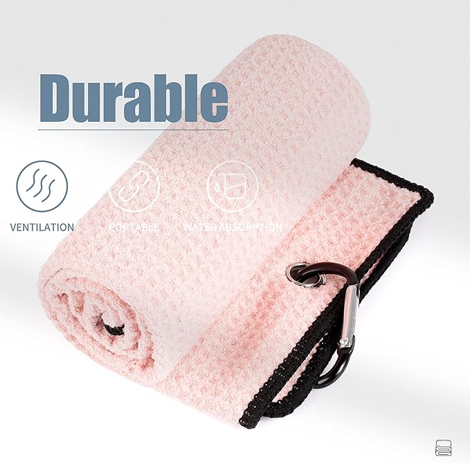 Mile High Life Tri-fold Golf Towel | 16" X 24" | Premium Microfiber Fabric | Waffle Pattern | with Heavy Duty Carabiner Clip | for Men and Women (2 Pack Pink)