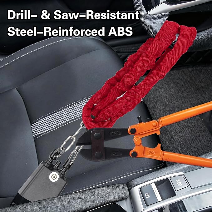 Universal Cars Steering Wheel Lock, Seat Belt Lock, Club Steering Wheel Lock, Lightweight & Portable, Car Security Anti-Theft Device Fits Most Vehicles, SUVs, Golf Carts, Includes 2 Keys (Red)
