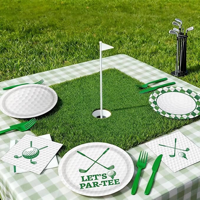 Golf Party Decorations Include Plates, Napkins, Forks, Banner, Tablecloth — Sports Birthday or Baby Shower Golf Birthday Decorations, Serves 24