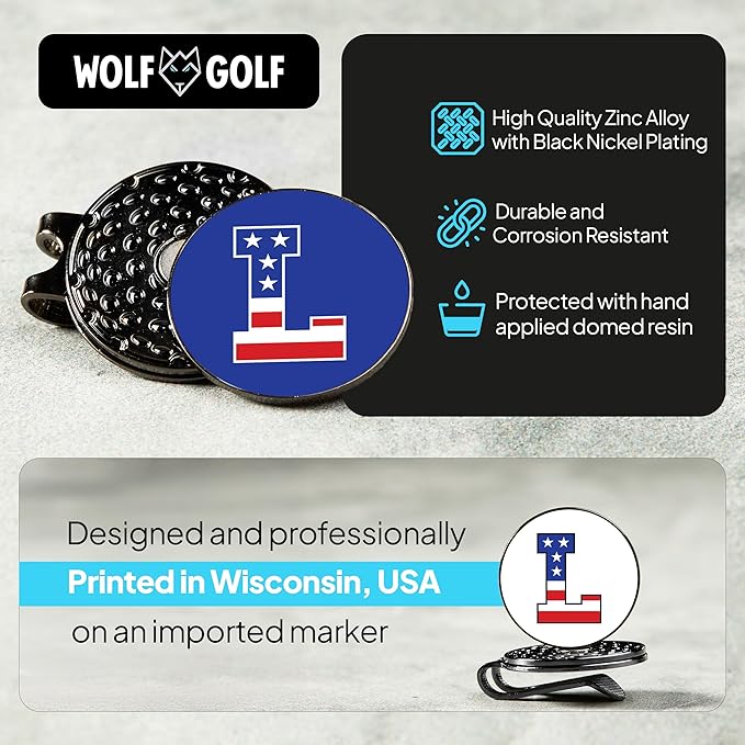 Wolf Golf Towels Golf Ball Marker Hat Clip | USA Monogram | 1 Magnetic Clip + 3 Ball Markers | Patriotic Golf Accessories for Men & Women